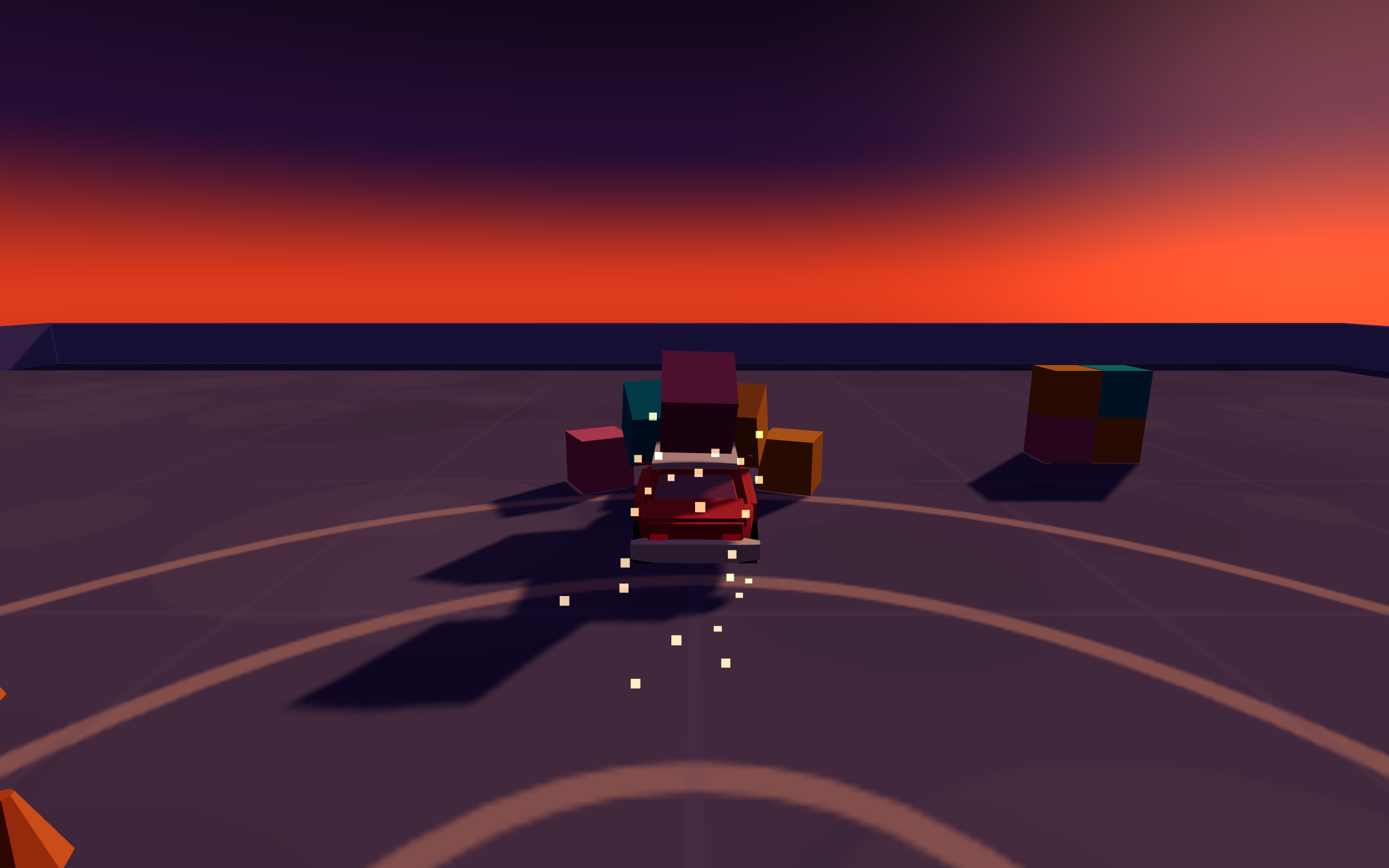 Crumple Zone — a low-poly car scattering crates across a dusk crash arena