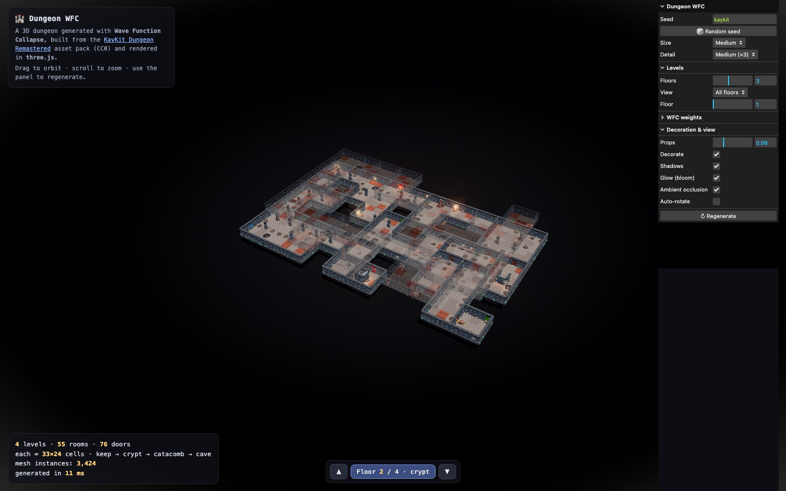 Dungeon WFC — a 3D dungeon generated with Wave Function Collapse