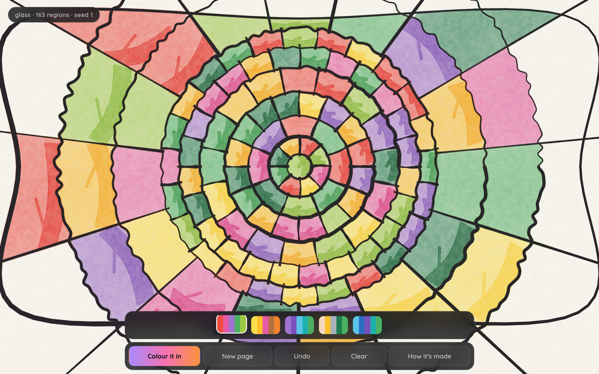Wet Edge — a procedurally generated mandala colouring page filled in with alcohol markers